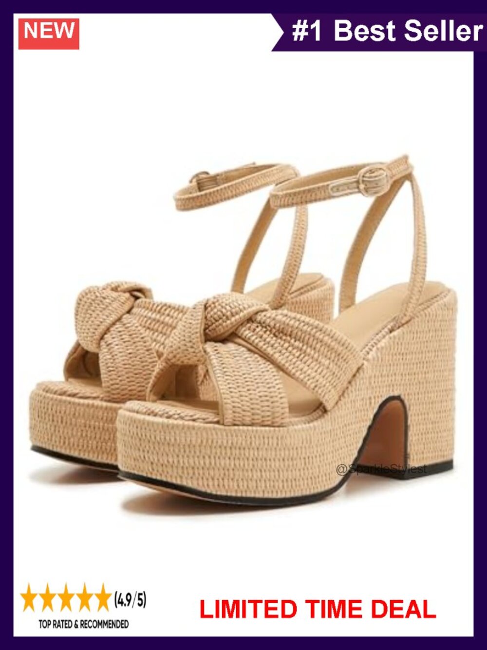 Raffia Woven Platform Sandals Chunky Block Heel Ankle Strap